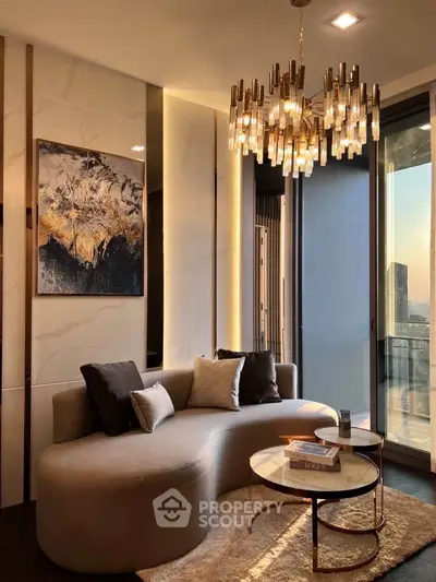Luxurious living room with elegant chandelier and modern decor
