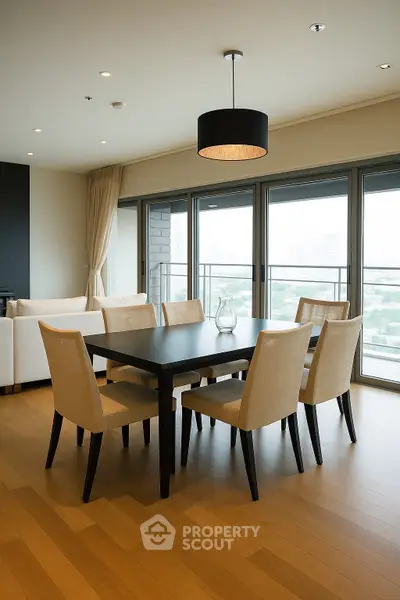 Elegant dining area with large windows and city view in modern apartment