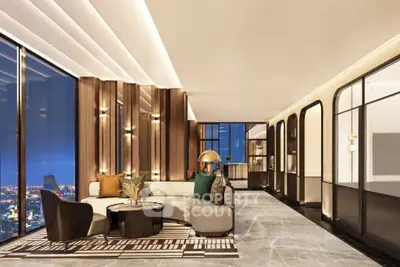 Luxurious modern living room with panoramic city view and elegant decor