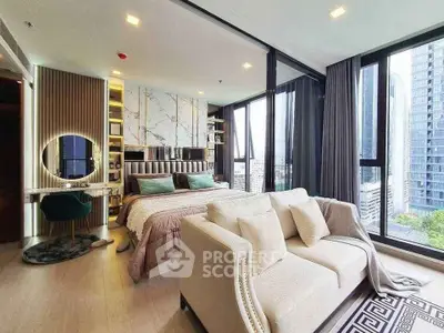 Luxurious bedroom with floor-to-ceiling windows and city view, featuring elegant decor and cozy seating area.