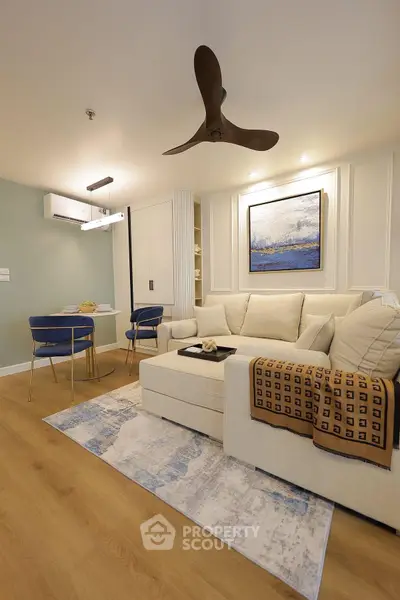 Modern living room with stylish decor and cozy seating area