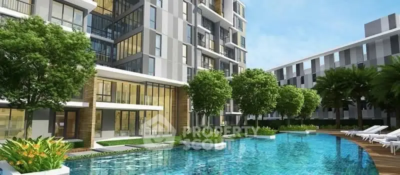 Luxurious modern apartment complex with stunning pool and lush greenery, perfect for urban living.