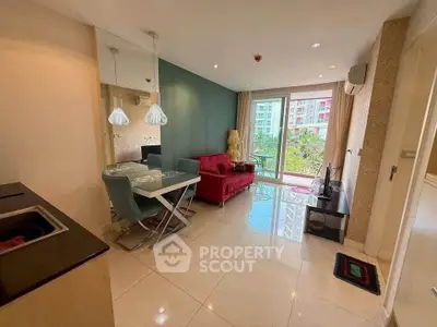 Modern living room with balcony view in a stylish apartment
