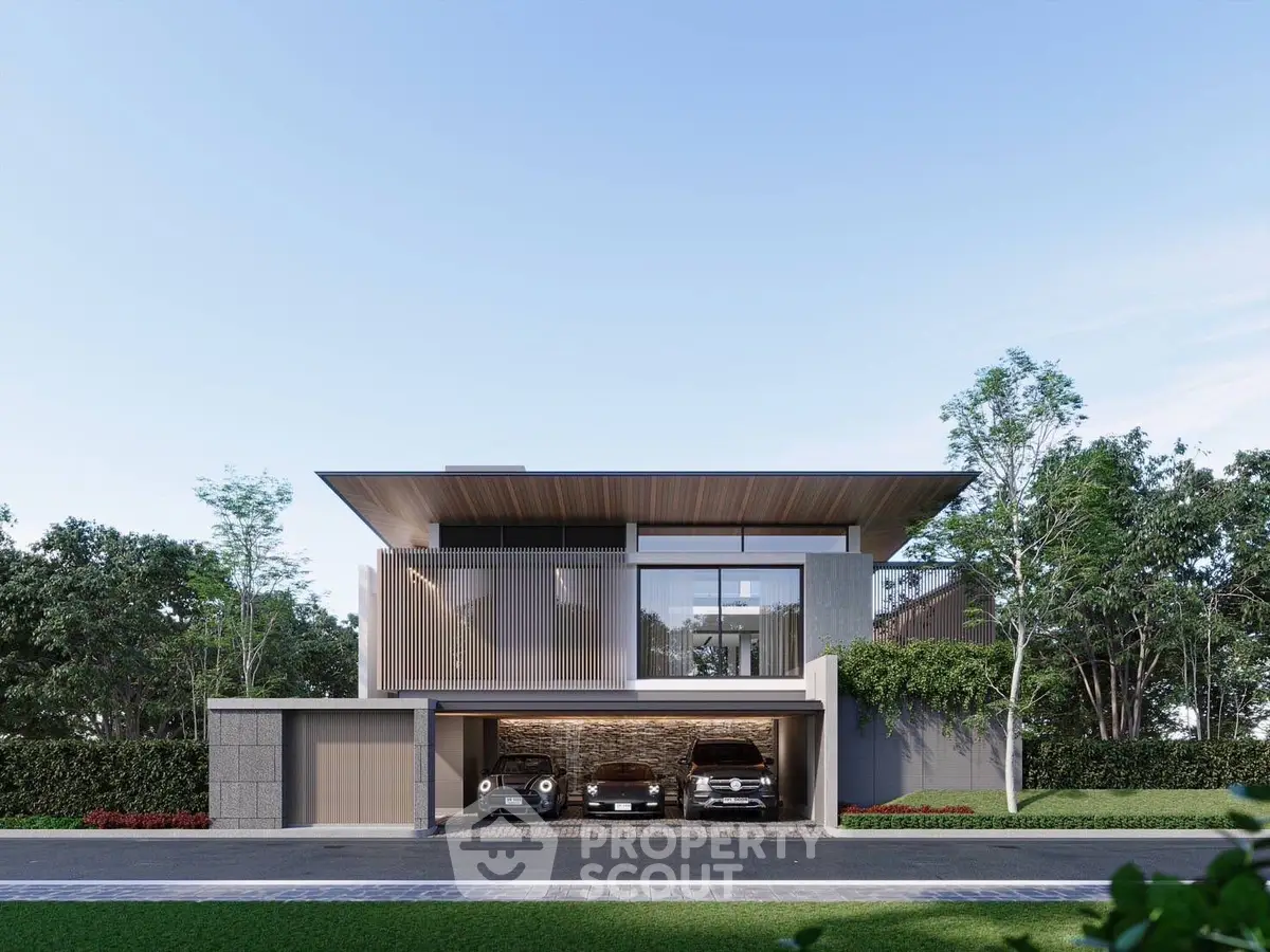 Modern luxury home with sleek design and spacious garage in serene neighborhood.