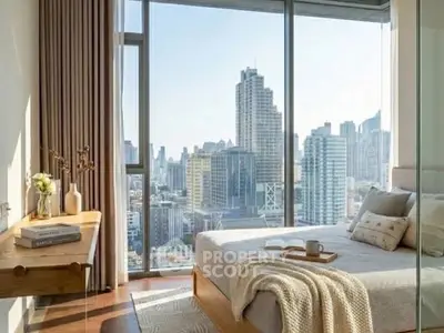 Luxurious bedroom with stunning city skyline view, featuring elegant decor and floor-to-ceiling windows.