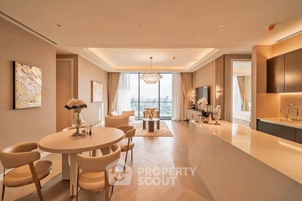 Luxurious open-plan living room with elegant dining area and stunning city view.