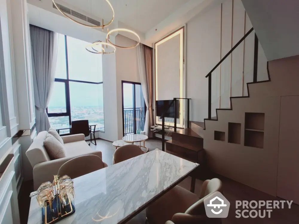 Luxurious modern living room with high ceilings and large windows offering stunning city views.