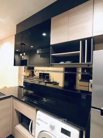 Modern kitchen with sleek black cabinets and built-in washing machine