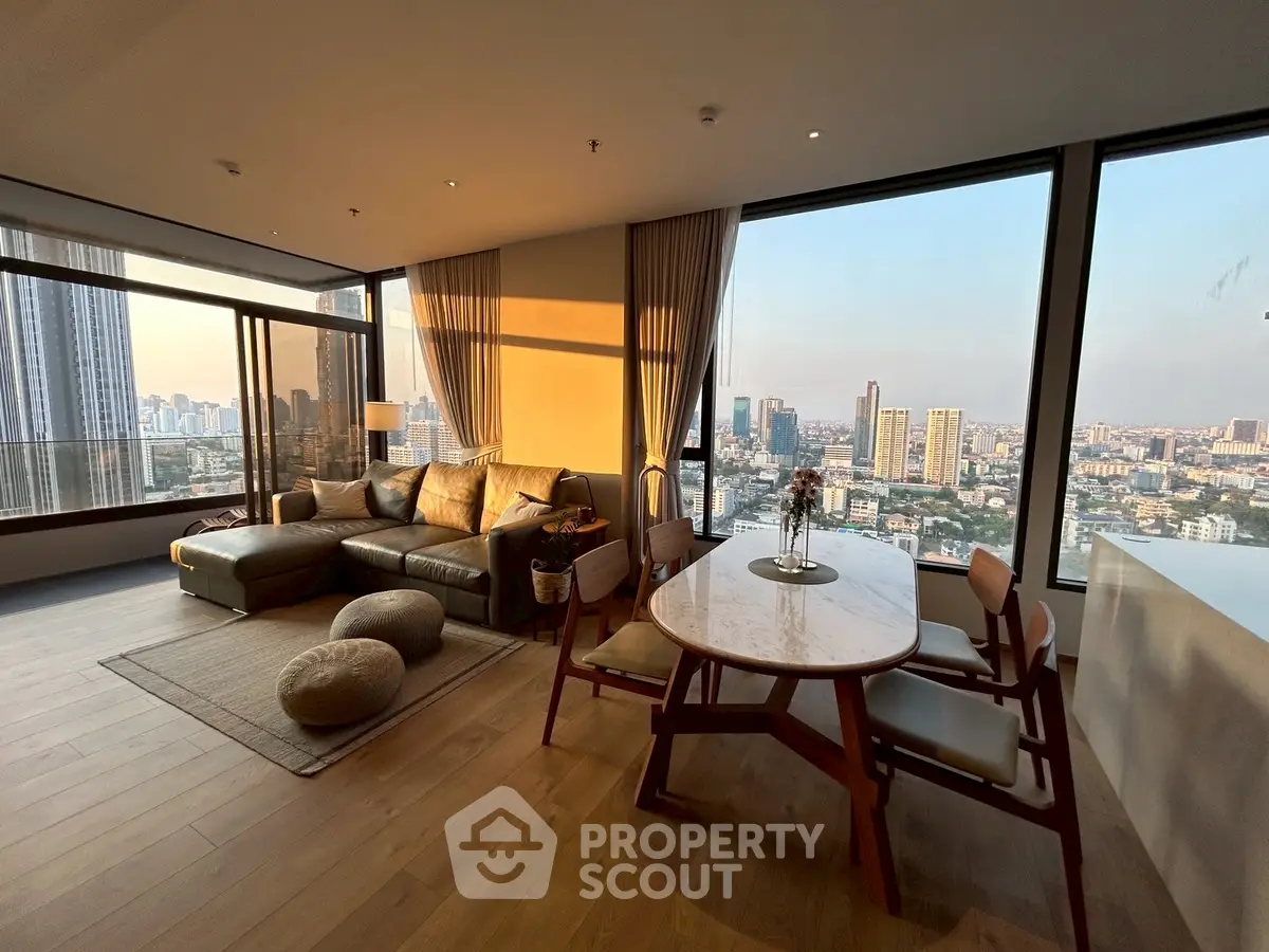 Luxurious living room with panoramic city view and elegant furnishings