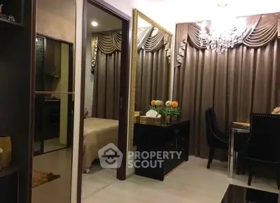 Luxurious apartment interior with elegant dining area and cozy bedroom view
