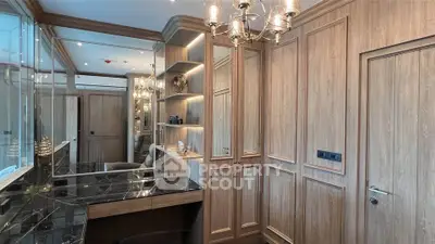 Luxurious study room with elegant wood paneling and marble desk