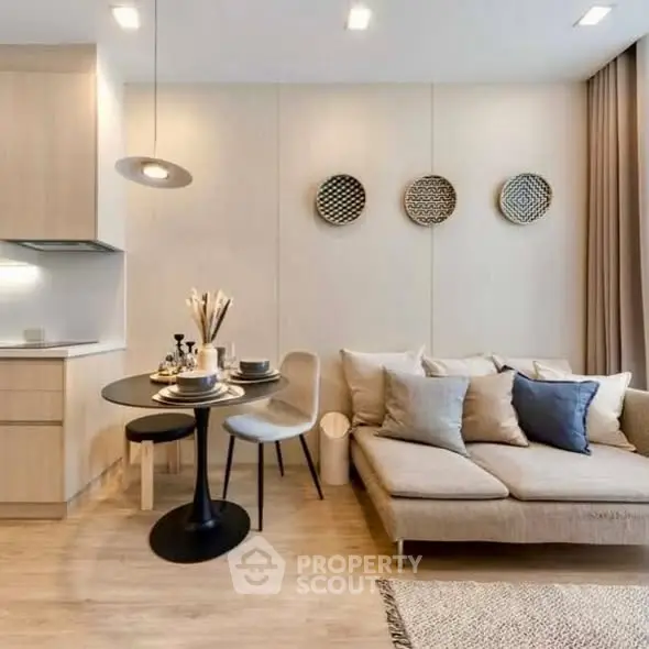 Modern living room with cozy sofa and stylish dining area