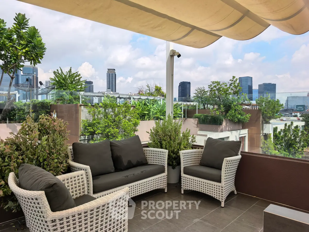 Luxurious rooftop terrace with stylish seating and stunning city skyline view.