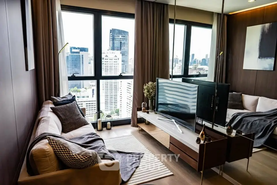 Modern living room with city view, stylish decor, and large windows.