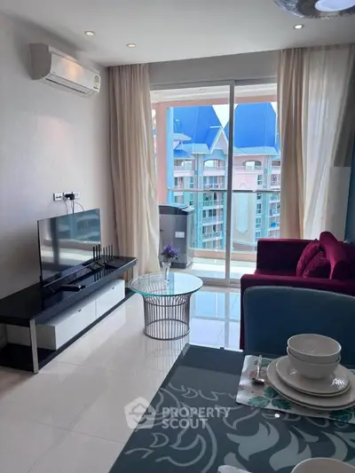 Modern living room with balcony view in a stylish apartment