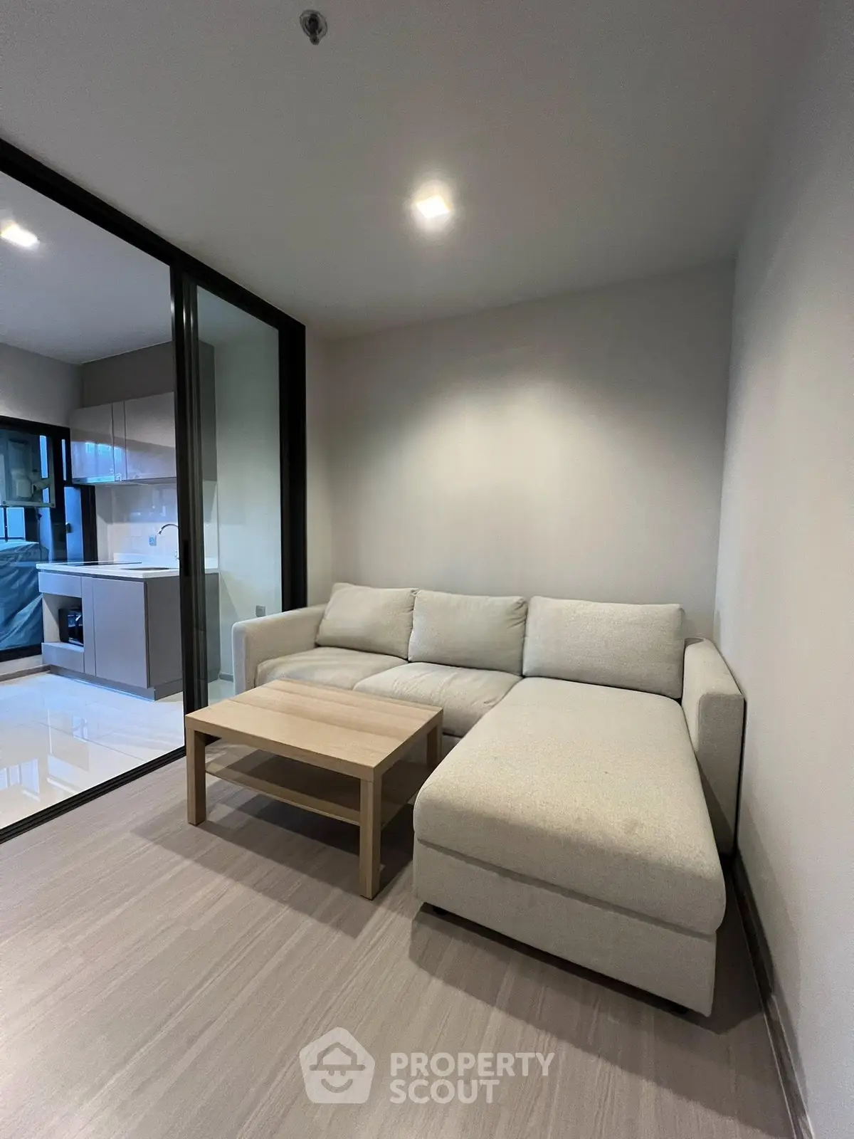 Modern living room with cozy sectional sofa and sleek open kitchen layout