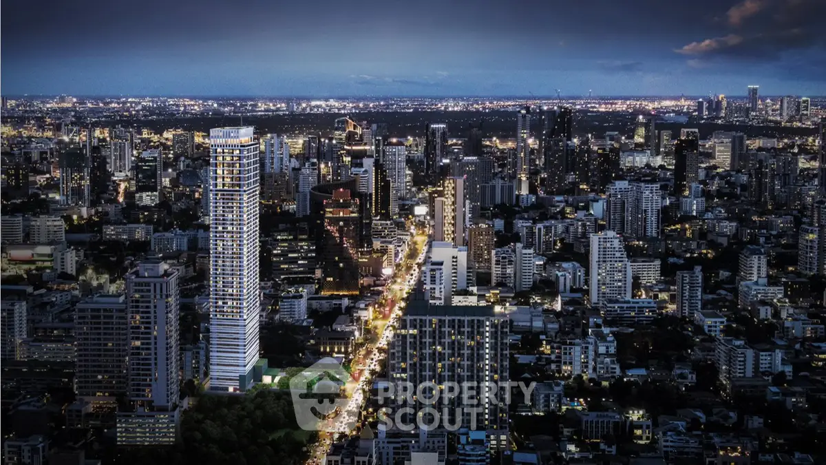 Stunning cityscape view showcasing a vibrant skyline with illuminated skyscrapers at night.