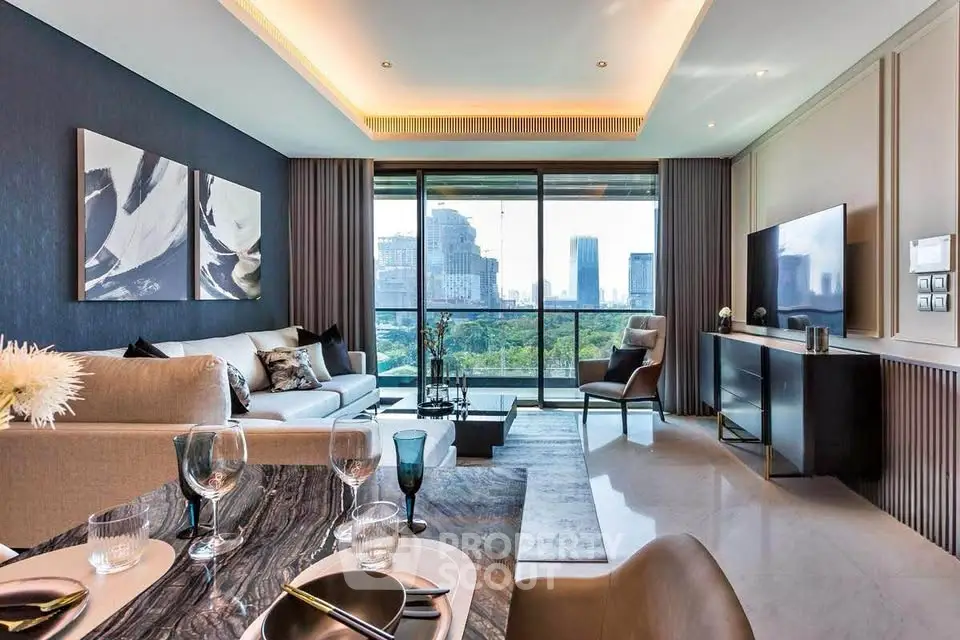 Luxurious modern living room with stunning city view and elegant decor