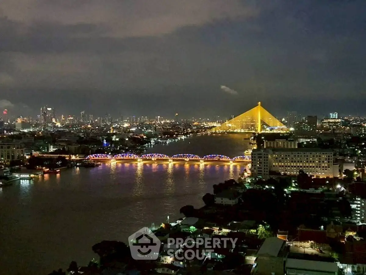 Stunning cityscape view with illuminated bridge and river at night, perfect for urban living enthusiasts.
