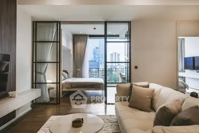 Modern living room with open view to bedroom and cityscape