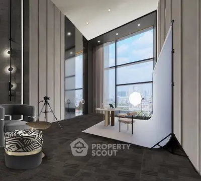 Luxurious modern living room with floor-to-ceiling windows and city skyline view.