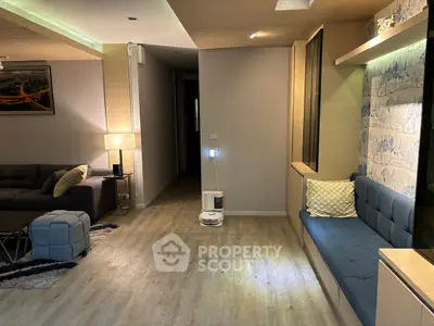 Modern living room with stylish decor and cozy seating area