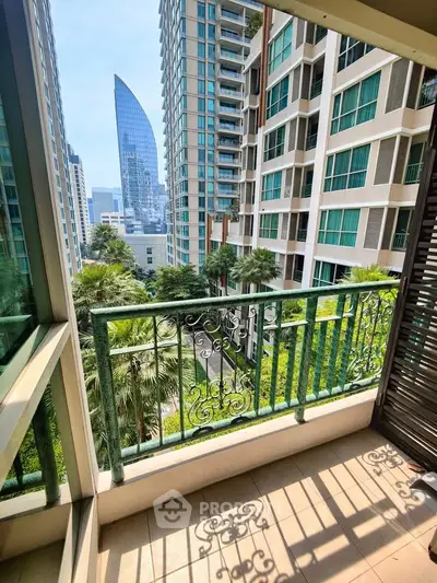 Charming balcony with city view in modern high-rise building