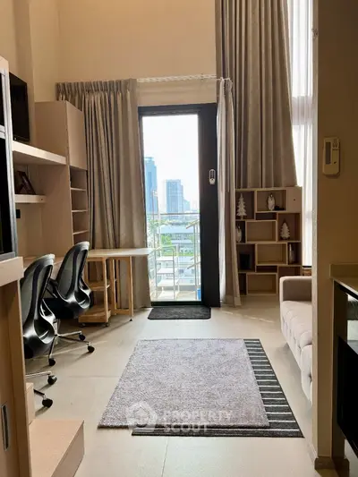 Modern living room with city view, high ceilings, and stylish furniture