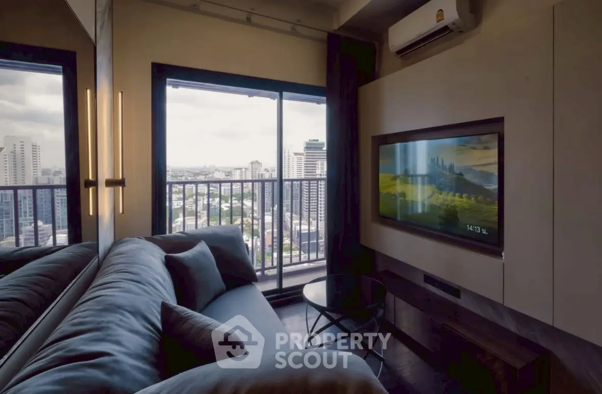 Modern living room with city view and sleek interior design