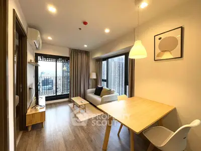 Modern living room with balcony view in a stylish apartment