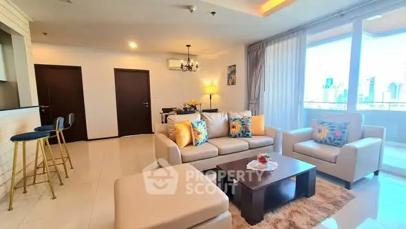 Spacious modern living room with city view and elegant decor