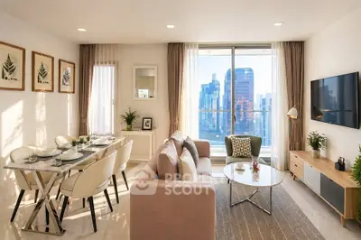 Luxurious modern living room with city view, elegant decor, and dining area in high-rise apartment.