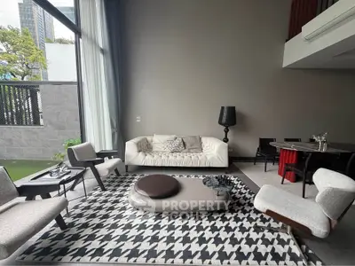 Luxurious modern living room with high ceilings and stylish furniture