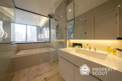 Luxurious modern bathroom with city view and elegant fixtures