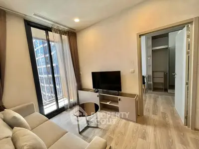 Modern living room with balcony view in stylish apartment