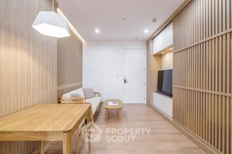 Modern living room with wooden accents and sleek furniture design