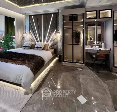 Luxurious modern bedroom with elegant lighting and spacious design