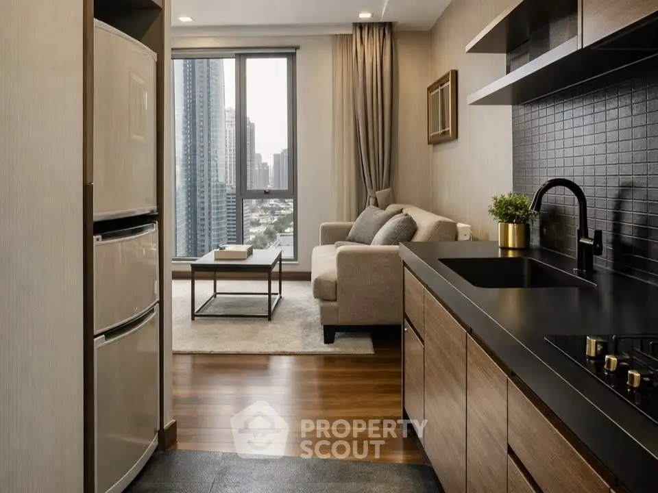 Modern apartment interior with sleek kitchen and cozy living room, featuring city view through large window.