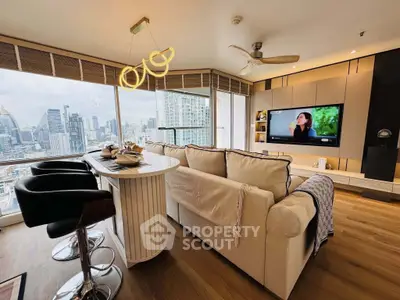 Luxurious living room with panoramic city view and modern decor