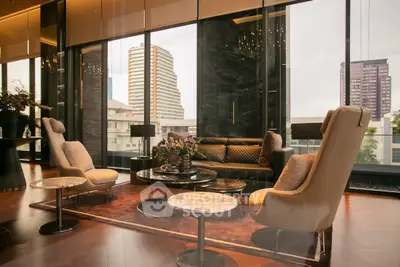 Luxurious modern living room with panoramic city view and elegant furnishings.