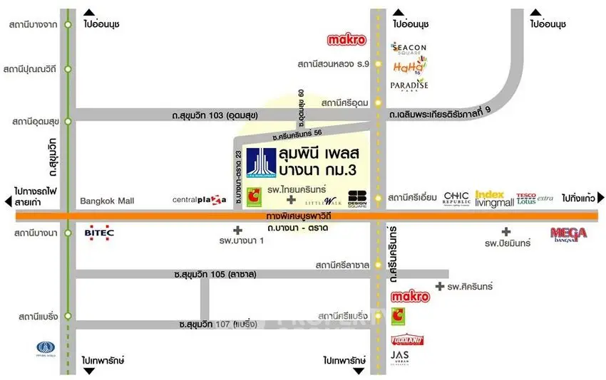 Map showing location of Lumpini Place Bangna KM.3 with nearby landmarks and roads.