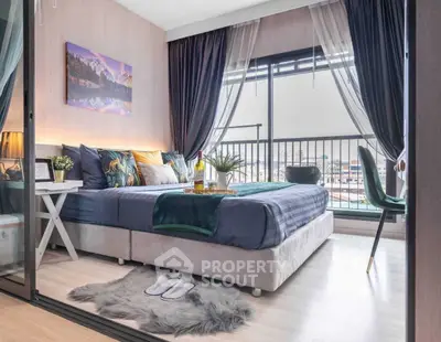 Modern bedroom with stylish decor and city view balcony