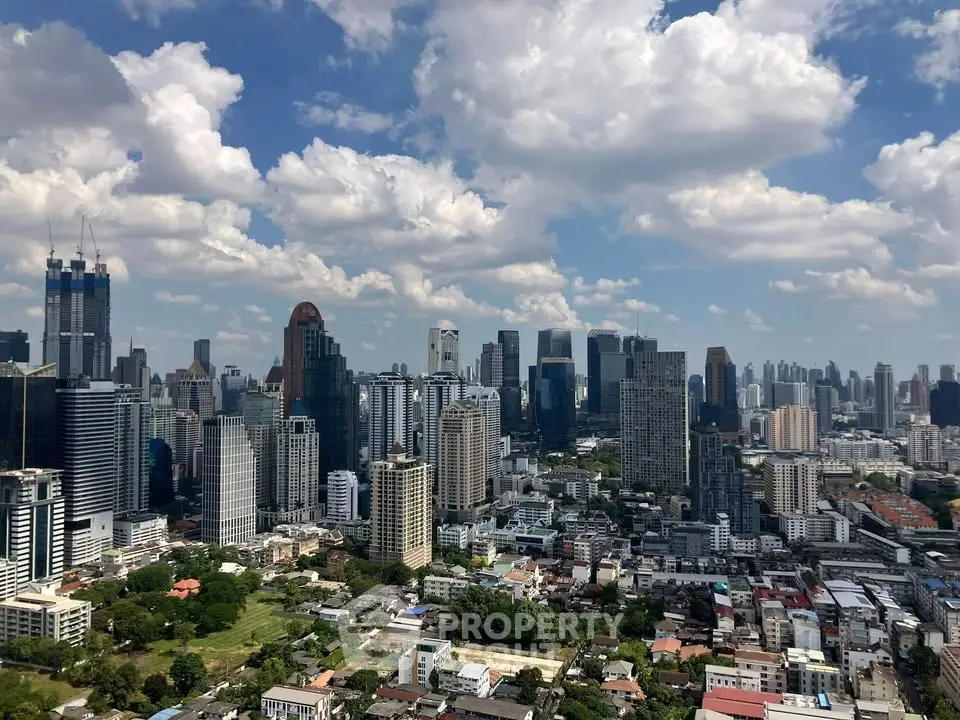 Stunning city skyline view with modern skyscrapers under a vibrant blue sky, perfect for urban living enthusiasts.