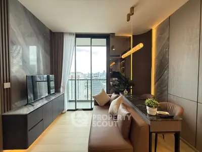 Luxurious modern living room with city view, elegant decor, and stylish furniture in high-rise apartment.