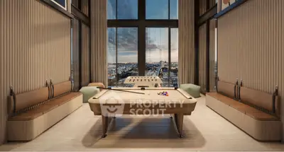 Luxurious game room with pool table and panoramic city view, perfect for entertainment and relaxation.