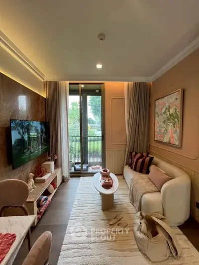 Stylish living room with elegant decor and balcony view