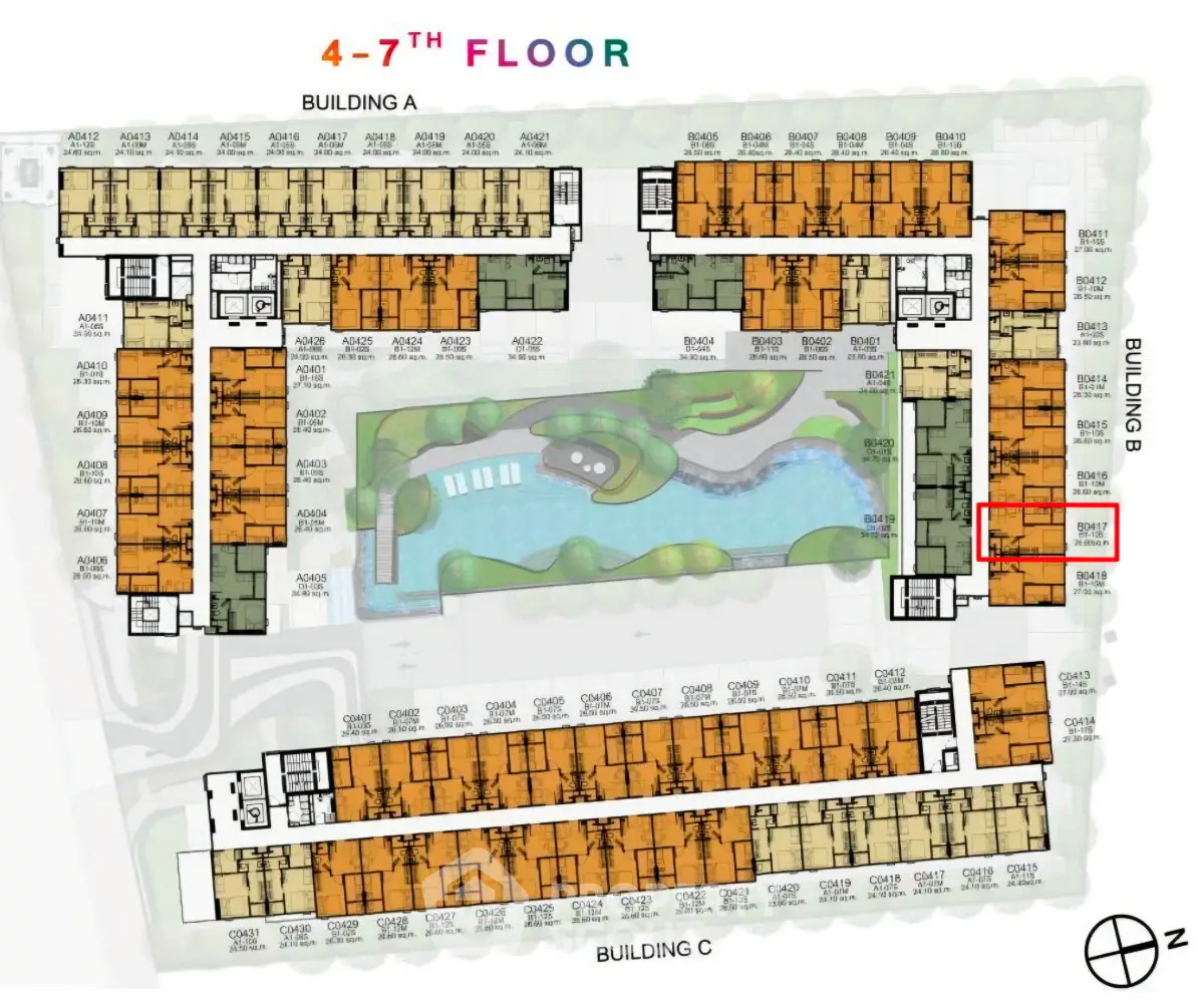 Floor plan of a modern residential complex with pool and garden view.