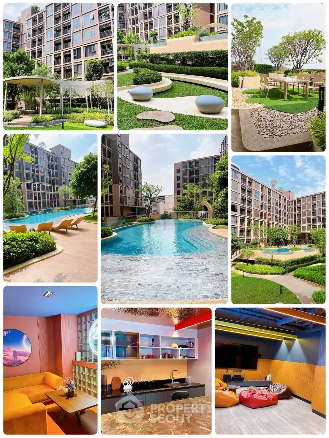 Luxurious condo with pool, garden, and modern interiors in prime location.