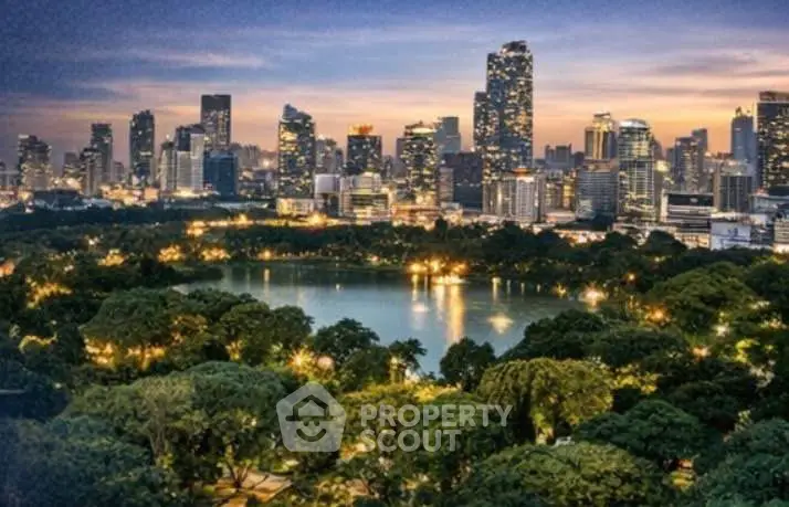 Stunning city skyline view with lush green park and illuminated buildings at dusk.