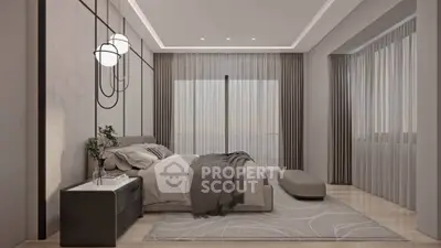 Luxurious modern bedroom with elegant lighting and floor-to-ceiling windows.